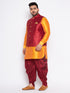 Vastramay Men's Plus Size Maroon Zari Weaved Nehru Jacket With Curved Kurta Dhoti set